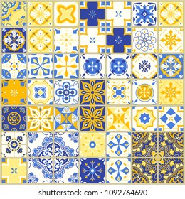 Seamless pattern with with Portuguese tiles. Vector illustration of Azulejo on white background. Mediterranean style. Blue and yellow design.