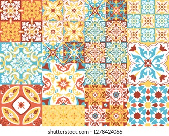 Seamless pattern with portuguese tiles. Vector illustration of Azulejo on white background. Mediterranean style. Multicolor design.