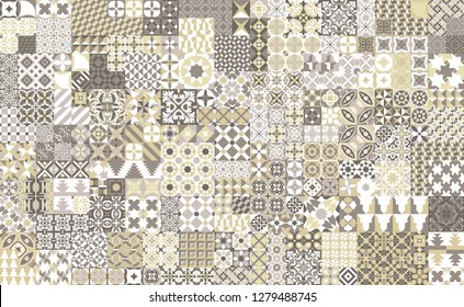 Seamless pattern with portuguese tiles. Vector illustration of Azulejo on white background. Mediterranean style. Multicolor design.