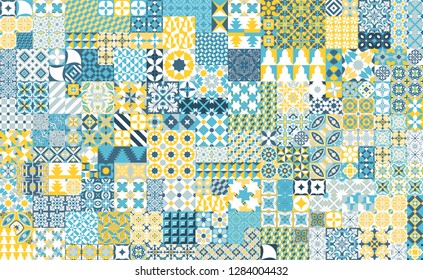 Seamless pattern with portuguese tiles. Vector illustration of Azulejo on white background. Mediterranean style. Multicolor design.