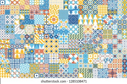 Seamless pattern with portuguese tiles. Vector illustration of Azulejo on white background. Mediterranean style. Multicolor design.