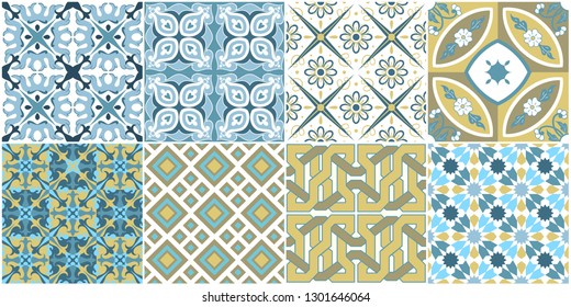 Seamless pattern with portuguese tiles. Vector illustration of Azulejo on white background. Mediterranean style. Multicolor design.