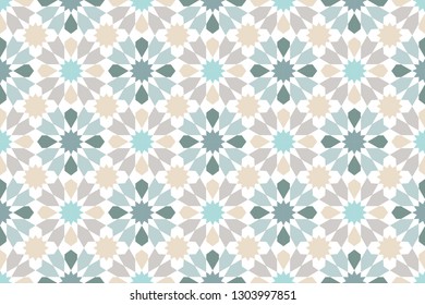 Seamless pattern with portuguese tiles. Vector illustration of Azulejo on white background. Mediterranean style. Multicolor design.