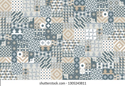 Seamless pattern with portuguese tiles. Vector illustration of Azulejo on white background. Mediterranean style. Multicolor design.