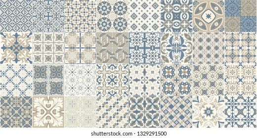 Seamless pattern with portuguese tiles. Vector illustration of Azulejo on white background. Mediterranean style. Multicolor design.