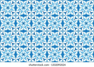 Seamless pattern with portuguese tiles. Vector blue illustration of Azulejo on white background. Mediterranean style.