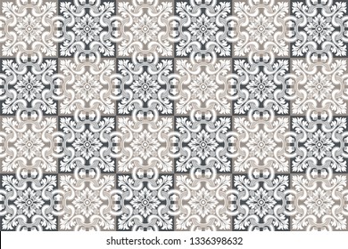 Seamless pattern with portuguese tiles. Vector illustration of Azulejo on white background. Mediterranean style. Multicolor design.