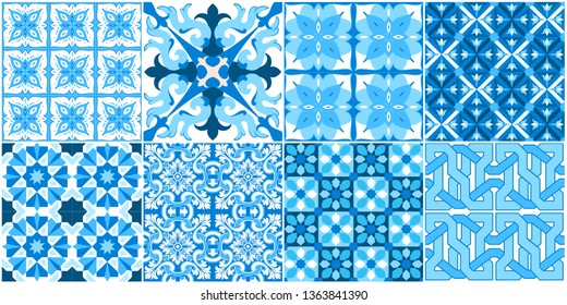 Seamless pattern with portuguese tiles. Vector illustration of Azulejo on white background. Mediterranean style. Multicolor design.