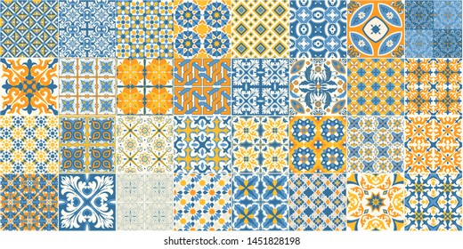 Seamless pattern with portuguese tiles. Vector illustration of Azulejo on white background. Mediterranean style. Multicolor design.