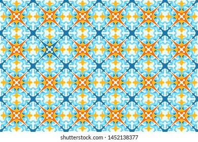 Seamless pattern with portuguese tiles. Vector illustration of Azulejo on white background. Mediterranean style. Multicolor design.