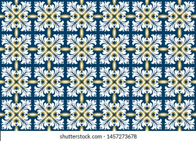 Seamless pattern with portuguese tiles. Vector illustration of Azulejo on white background. Mediterranean style. Multicolor design.