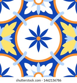 Seamless pattern with Portuguese tiles. Vector illustration. Portuguese vector tiles pattern. Talavera pattern. Azulejos portugal. Turkish ornament. Moroccan tile mosaic. Spanish porcelain.