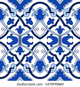 Seamless pattern with Portuguese tiles. Vector illustration. Portuguese vector tiles pattern. Talavera pattern. Azulejos portugal. Turkish ornament. Moroccan tile mosaic. Spanish porcelain.