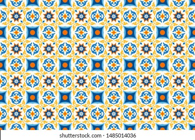 Seamless pattern with portuguese tiles. Vector illustration of Azulejo on white background. Mediterranean style. Multicolor design.
