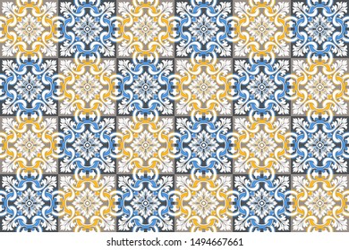 Seamless pattern with portuguese tiles. Vector illustration of Azulejo on white background. Mediterranean style. Multicolor design.