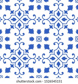 Seamless pattern with Portuguese tiles. Vector illustration. Portuguese vector tiles pattern. Talavera pattern. Azulejos portugal. Turkish ornament. Moroccan tile mosaic. Spanish porcelain.