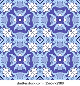 Seamless pattern with Portuguese tiles. Vector illustration. Portuguese vector tiles pattern. Talavera pattern. Azulejos portugal. Turkish ornament. Moroccan tile mosaic. Spanish porcelain.