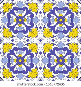 Seamless pattern with Portuguese tiles. Vector illustration. Portuguese vector tiles pattern. Talavera pattern. Azulejos portugal. Turkish ornament. Moroccan tile mosaic. Spanish porcelain.