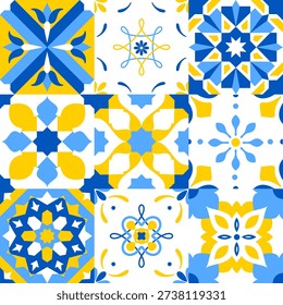 Seamless pattern with portuguese tiles. Vector illustration of Azulejo on white background. Mediterranean style. Multicolor design.