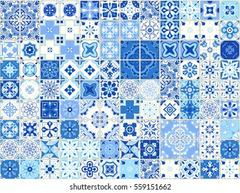 Seamless pattern with with Portuguese tiles. Vector illustration of Azulejo on white background. Mediterranean style. Blue design.