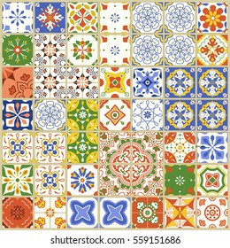 Seamless pattern with with Portuguese tiles. Vector illustration of Azulejo on white background. Mediterranean style. Multicolor design.