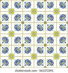 Seamless pattern with with Portuguese tiles. Vector illustration of Azulejo on white background. Mediterranean style. Blue and yellow design.