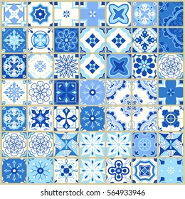 Seamless pattern with with Portuguese tiles. Vector illustration of Azulejo on white background. Mediterranean style. Blue design.