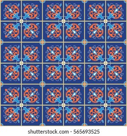 Seamless pattern with with Portuguese tiles. Vector illustration of Azulejo on white background. Mediterranean style. Multicolor design.