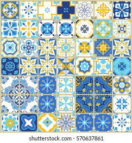 Seamless pattern with with Portuguese tiles. Vector illustration of Azulejo on white background. Mediterranean style. Blue and yellow design.