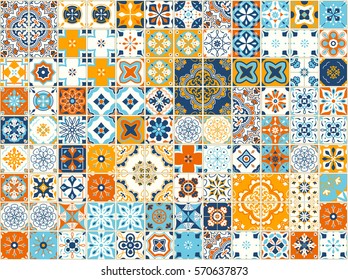 Seamless pattern with with Portuguese tiles. Vector illustration of Azulejo on white background. Mediterranean style. Multicolor design.