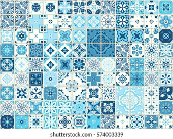 Seamless pattern with with Portuguese tiles. Vector illustration of Azulejo on white background. Mediterranean style. Blue design.