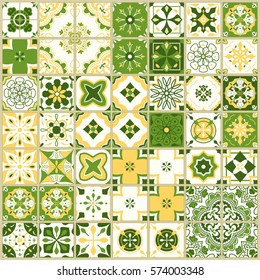 Seamless pattern with with Portuguese tiles. Vector illustration of Azulejo on white background. Mediterranean style. Green and yellow design.