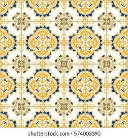 Seamless pattern with with Portuguese tiles. Vector illustration of Azulejo on white background. Mediterranean style. Green and yellow design.