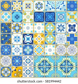 Seamless pattern with with Portuguese tiles. Vector illustration of Azulejo on white background. Mediterranean style. Blue and yellow design.