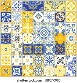 Seamless pattern with with Portuguese tiles. Vector illustration of Azulejo on white background. Mediterranean style. Blue and yellow design.