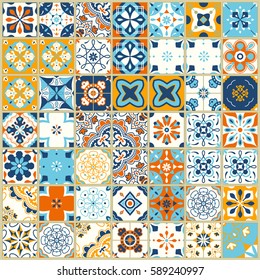 Seamless pattern with with Portuguese tiles. Vector illustration of Azulejo on white background. Mediterranean style. Multicolor design.