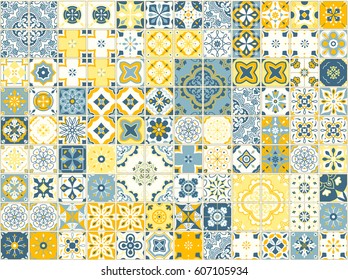 Seamless pattern with with Portuguese tiles. Vector illustration of Azulejo on white background. Mediterranean style. Blue and yellow design.