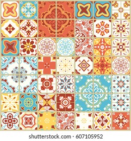 Seamless pattern with with Portuguese tiles. Vector illustration of Azulejo on white background. Mediterranean style. Multicolor design.