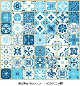 Seamless pattern with with Portuguese tiles. Vector illustration of Azulejo on white background. Mediterranean style. Blue design.