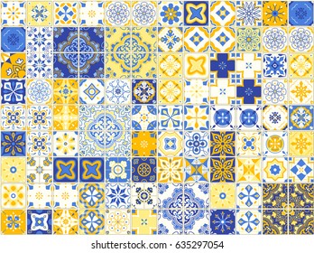 Seamless pattern with with Portuguese tiles. Vector illustration of Azulejo on white background. Mediterranean style. Blue and yellow design.