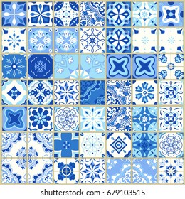 Seamless pattern with  Portuguese tiles. Vector illustration of Azulejo on white background. Mediterranean style. Blue design.