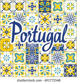 Seamless pattern with Portuguese tiles. Vector illustration of Azulejo on white background. Mediterranean style. Multicolor design.