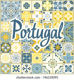 Seamless pattern with Portuguese tiles. Vector illustration of Azulejo on white background. Mediterranean style. Multicolor design.