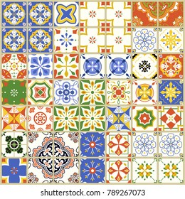 Seamless pattern with with Portuguese tiles. Vector illustration of Azulejo on white background. Mediterranean style. Multicolor design.