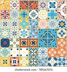 Seamless pattern with with Portuguese tiles. Vector illustration of Azulejo on white background. Mediterranean style. Multicolor design.