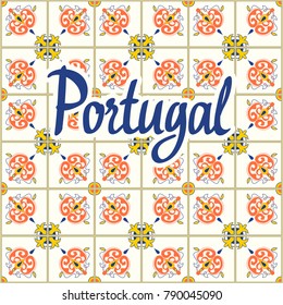 Seamless pattern with Portuguese tiles. Vector illustration of Azulejo on white background. Mediterranean style. Multicolor design.