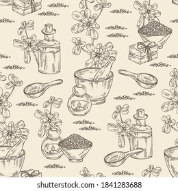 Seamless pattern with portulaca, garden purslane, soap and bath salt . Cosmetic and medical plant. Vector hand drawn illustration. 