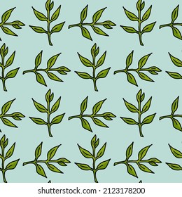 Seamless pattern with positive green branches on light blue background. Vector image.