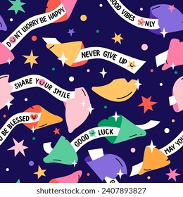 Seamless pattern with Positive message fortune cookies. Cute trendy vector illustration. Background with motivation quotes. 