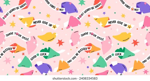 Seamless pattern with Positive message fortune cookies. Cute trendy vector illustration. Background with motivation quotes. 